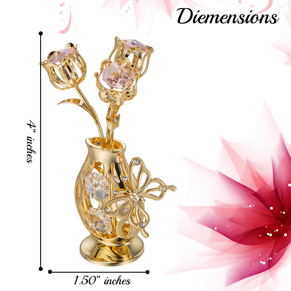 Matashi 24K Gold Plated Crystal Studded Flower Ornament In A Vase With Decorative Butterfly (Pink Crystals)