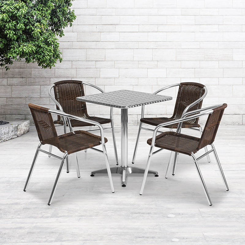 23.5 Square Aluminum Indoor-Outdoor Table Set With 4 Dark Brown Rattan Chairs TLH-ALUM-24SQ-020CHR4-GG