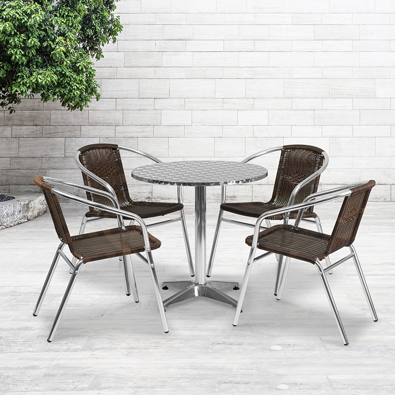 27.5 Round Aluminum Indoor-Outdoor Table Set With 4 Dark Brown Rattan Chairs TLH-ALUM-28RD-020CHR4-GG