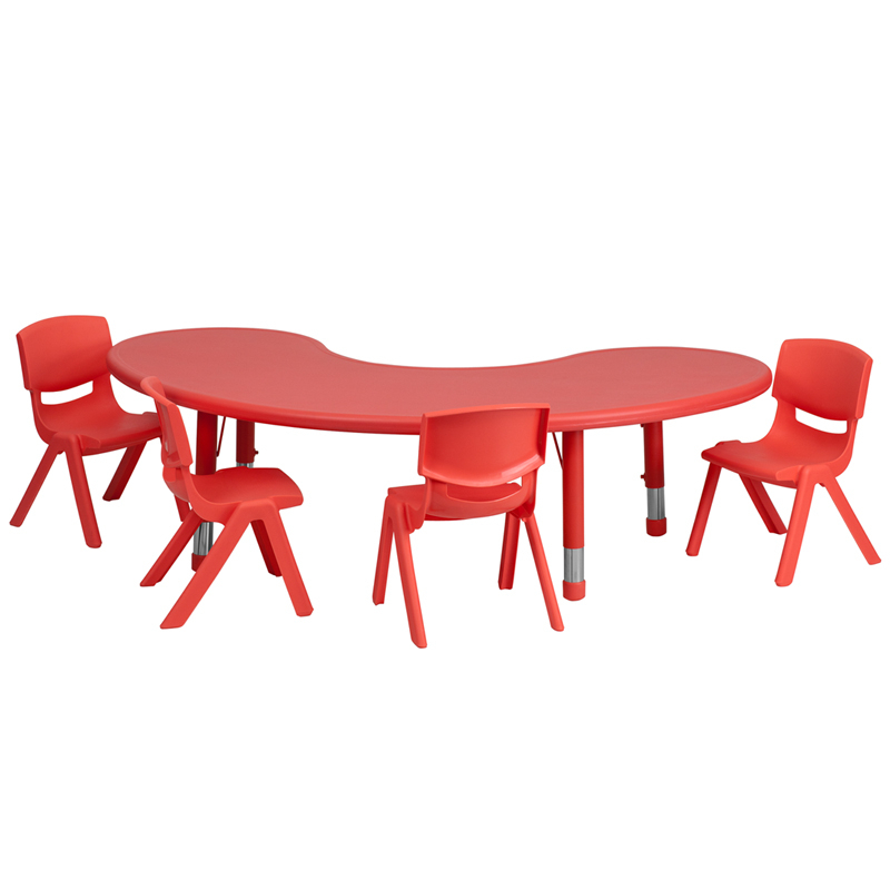 35W X 65L Half-Moon Red Plastic Height Adjustable Activity Table Set With 4 Chairs YU-YCX-0043-2-MOON-TBL-RED-E-GG