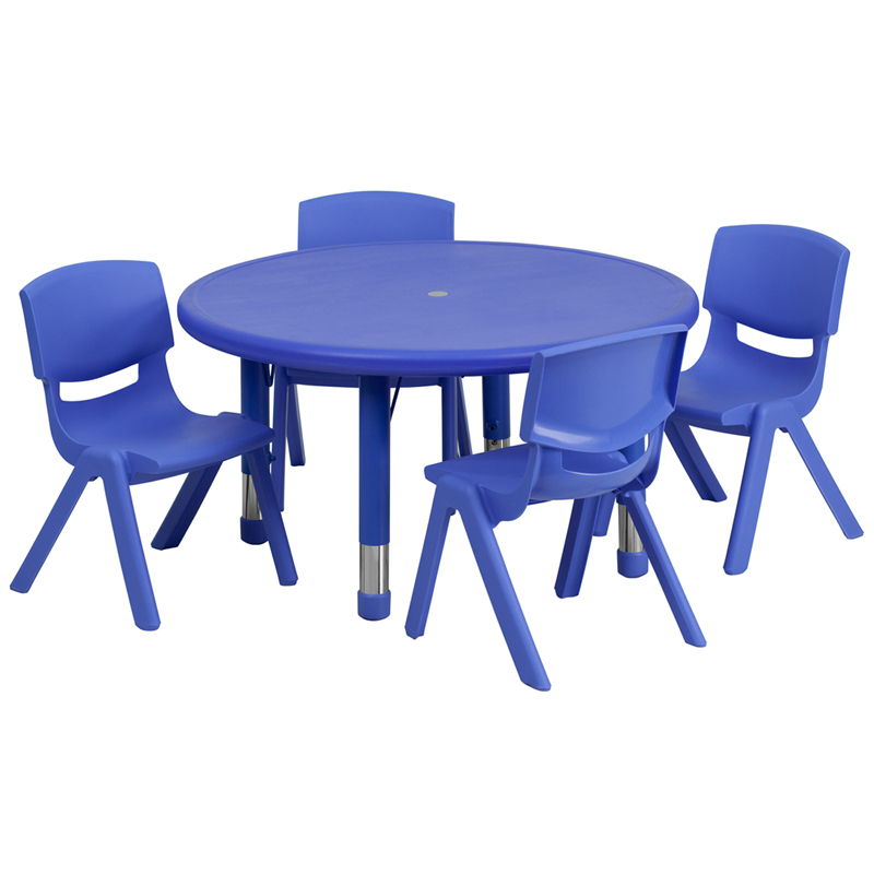 33 Round Blue Plastic Height Adjustable Activity Table Set With 4 Chairs YU-YCX-0073-2-ROUND-TBL-BLGG