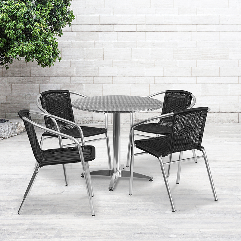31.5 Round Aluminum Indoor-Outdoor Table Set With 4 Black Rattan Chairs TLH-ALUM-32RD-020BKCHR4-GG