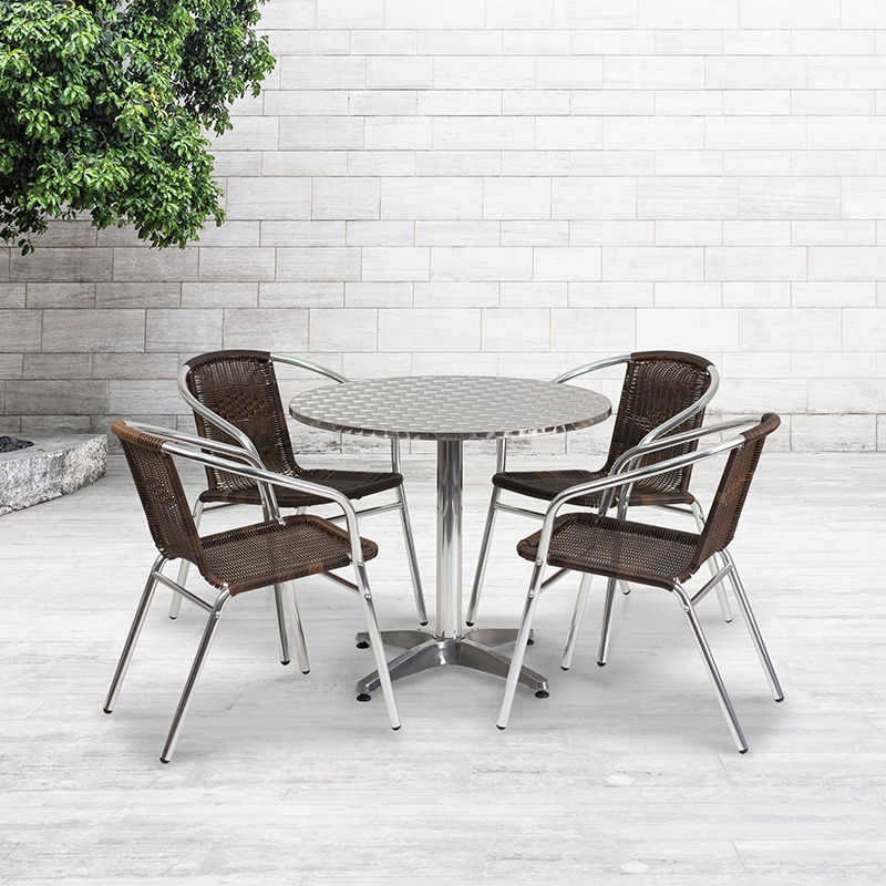 31.5 Round Aluminum Indoor-Outdoor Table Set With 4 Dark Brown Rattan Chairs TLH-ALUM-32RD-020CHR4-GG