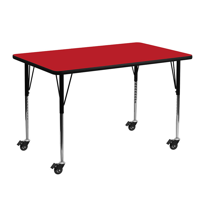 Mobile 24W X 48L Rectangular Red HP Laminate Activity Table - Standard Height Adjustable Legs XU-A2448-REC-RED-H-A-CAS-GG