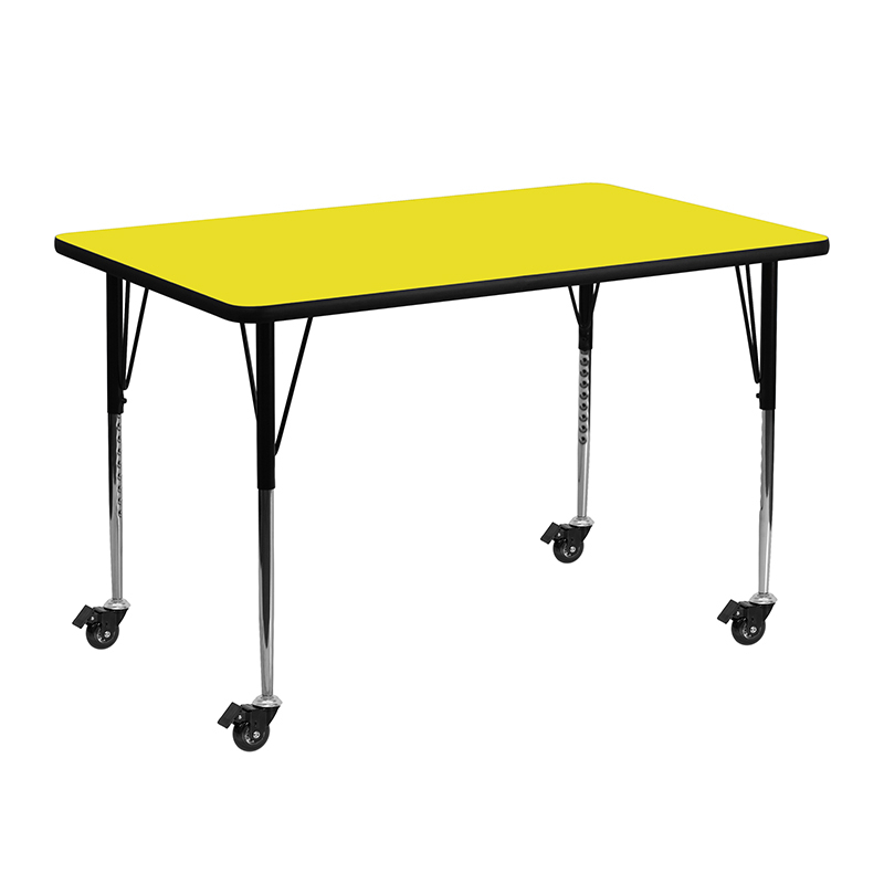 Mobile 24W X 48L Rectangular Yellow HP Laminate Activity Table - Standard Height Adjustable Legs XU-A2448-REC-YEL-H-A-CAS-GG