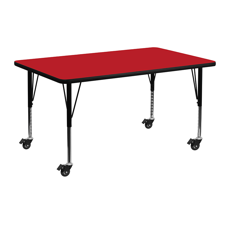 Mobile 24W X 48L Rectangular Red HP Laminate Activity Table - Height Adjustable Short Legs XU-A2448-REC-RED-H-P-CAS-GG