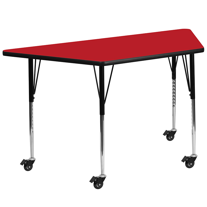 Mobile 25W X 45L Trapezoid Red HP Laminate Activity Table - Standard Height Adjustable Legs XU-A2448-TRAP-RED-H-A-CAS-GG