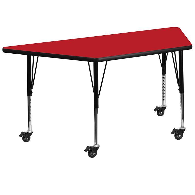Mobile 25W X 45L Trapezoid Red HP Laminate Activity Table - Height Adjustable Short Legs XU-A2448-TRAP-RED-H-P-CAS-GG