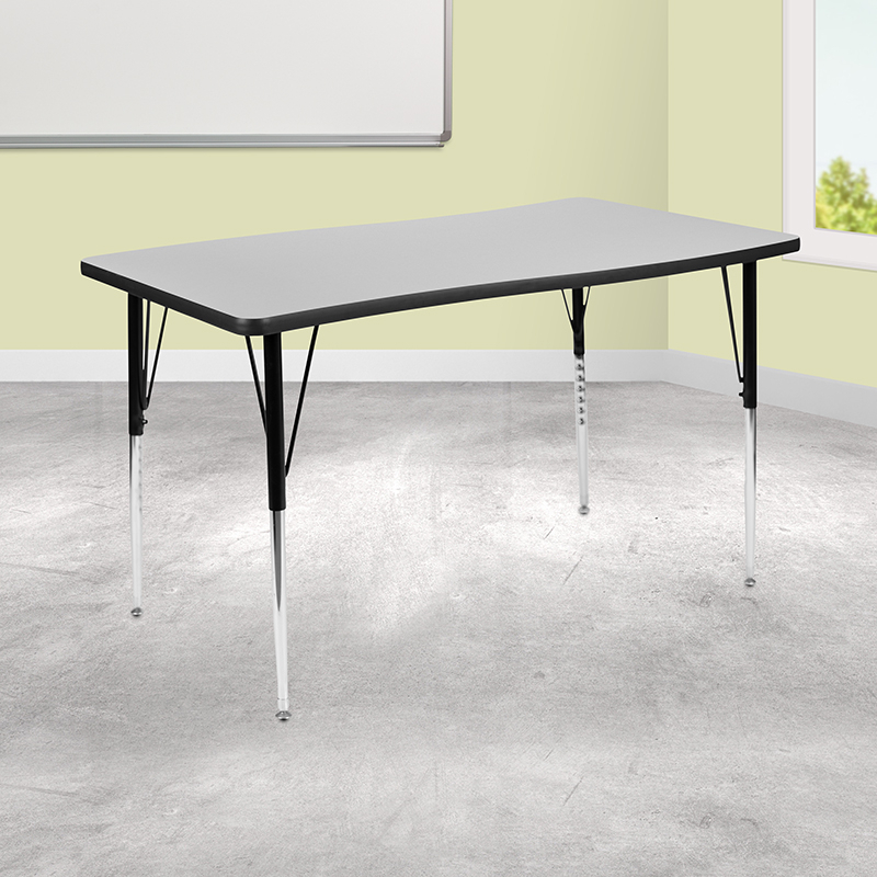 28W X 47.5L Rectangular Wave Collaborative Grey Thermal Laminate Activity Table - Standard Height Adjustable Legs XU-A3048-CON-GY-T-A-GG