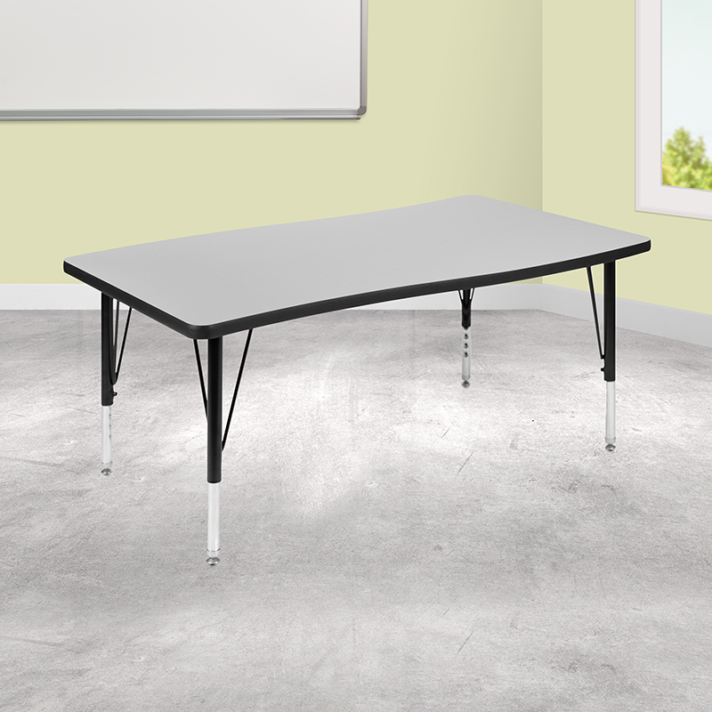 28W X 47.5L Rectangular Wave Collaborative Grey Thermal Laminate Activity Table - Height Adjustable Short Legs XU-A3048-CON-GY-T-P-GG