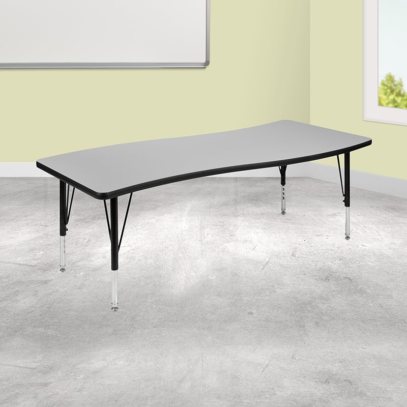 26W X 60L Rectangular Wave Collaborative Grey Thermal Laminate Activity Table - Height Adjustable Short Legs XU-A3060-CON-GY-T-P-GG