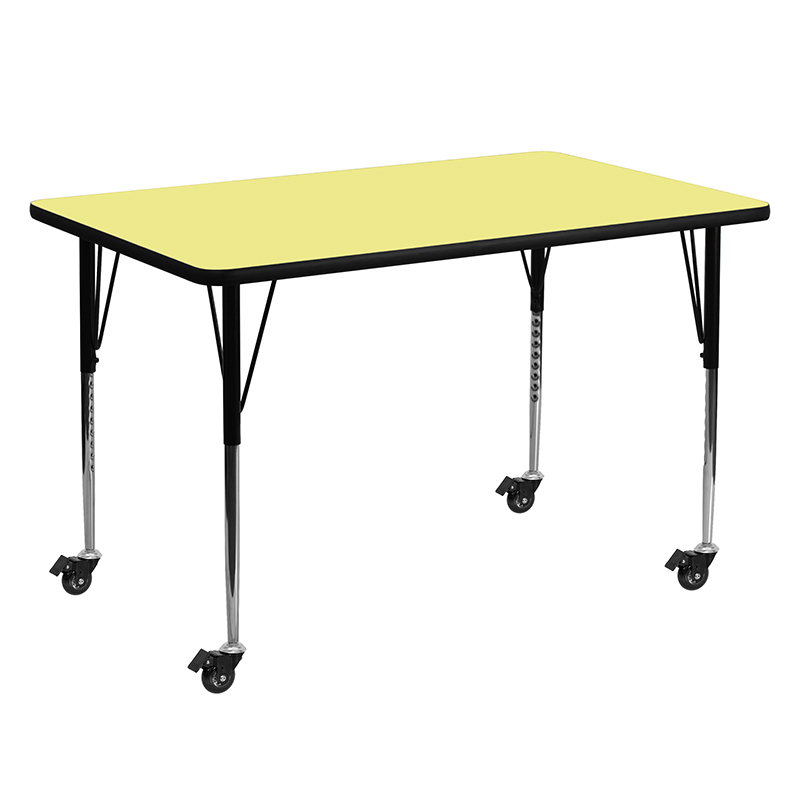 Mobile 30W X 60L Rectangular Yellow Thermal Laminate Activity Table - Standard Height Adjustable Legs XU-A3060-REC-YEL-T-A-CAS-GG