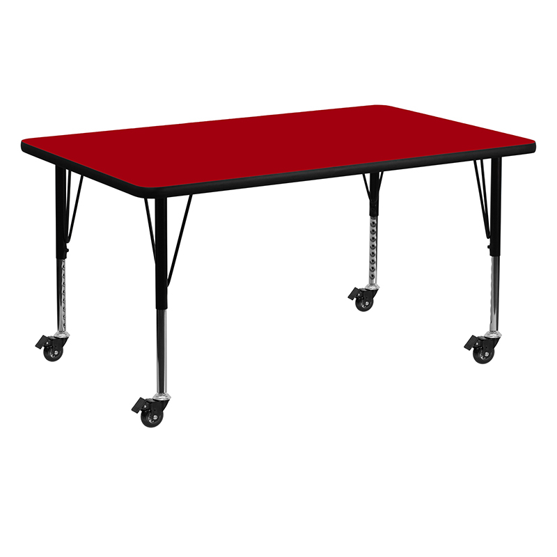 Mobile 30W X 60L Rectangular Red Thermal Laminate Activity Table - Height Adjustable Short Legs XU-A3060-REC-RED-T-P-CAS-GG