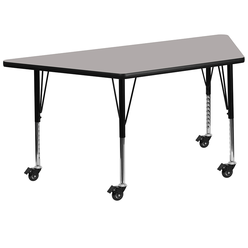 Mobile 29.5W X 57.25L Trapezoid Grey HP Laminate Activity Table - Height Adjustable Short Legs XU-A3060-TRAP-GY-H-P-CAS-GG