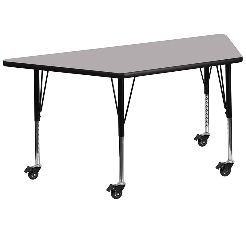 Mobile 29.5W X 57.25L Trapezoid Grey Thermal Laminate Activity Table - Height Adjustable Short Legs XU-A3060-TRAP-GY-T-P-CAS-GG