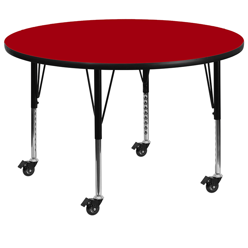 Mobile 42 Round Red Thermal Laminate Activity Table - Height Adjustable Short Legs XU-A42-RND-RED-T-P-CAS-GG