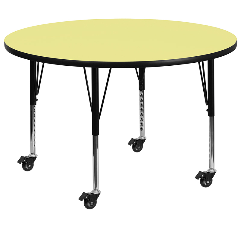 Mobile 42 Round Yellow Thermal Laminate Activity Table - Height Adjustable Short Legs XU-A42-RND-YEL-T-P-CAS-GG