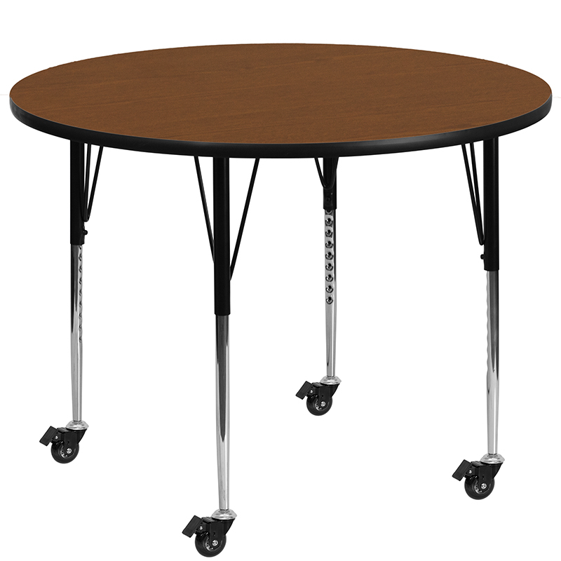 Mobile 48 Round Oak HP Laminate Activity Table - Standard Height Adjustable Legs XU-A48-RND-OAK-H-A-CAS-GG