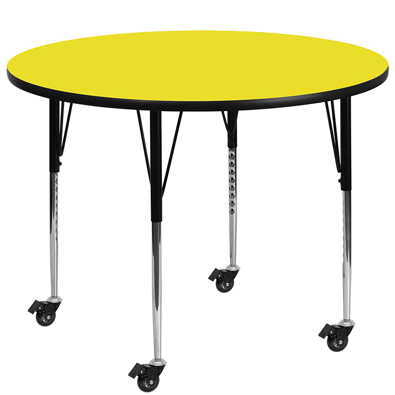 Mobile 48 Round Yellow HP Laminate Activity Table - Standard Height Adjustable Legs XU-A48-RND-YEL-H-A-CAS-GG