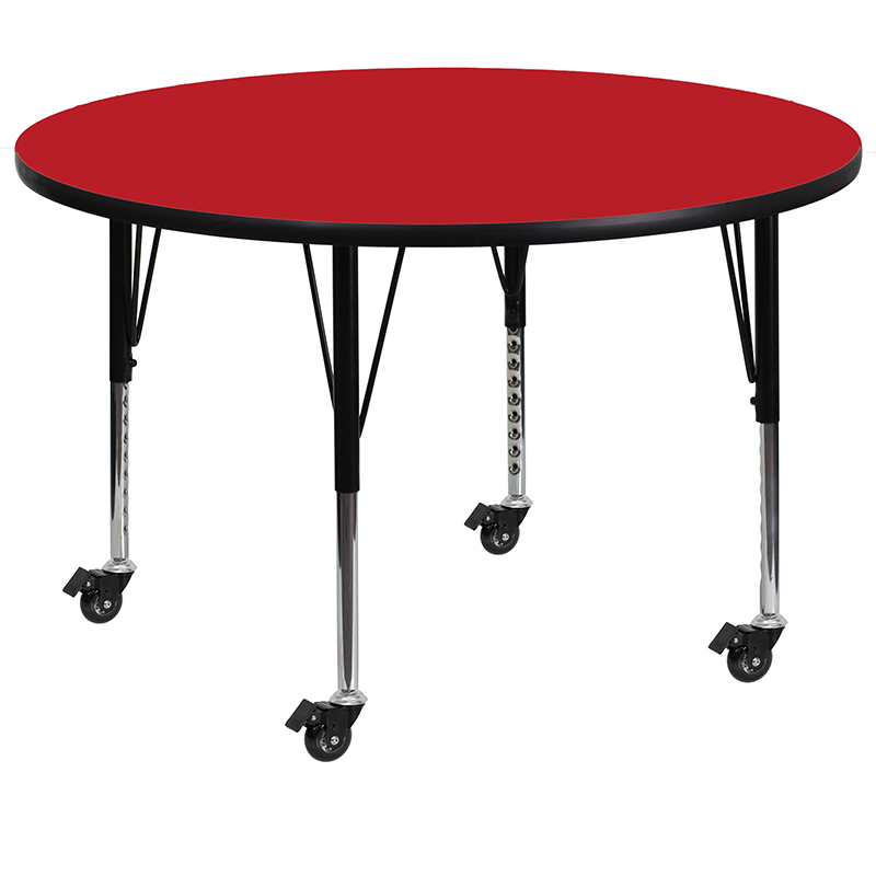 Mobile 48 Round Red HP Laminate Activity Table - Height Adjustable Short Legs XU-A48-RND-RED-H-P-CAS-GG