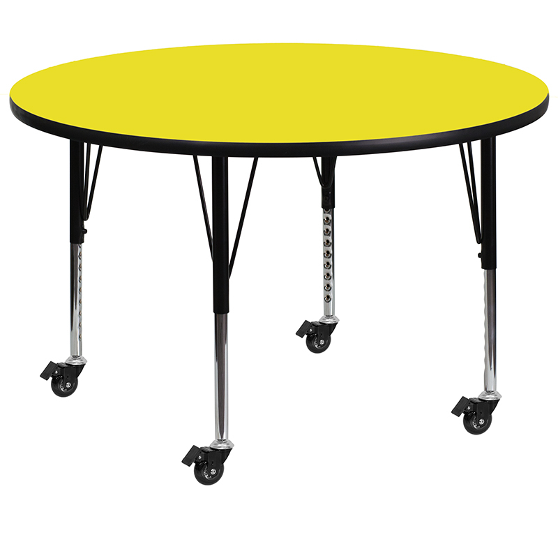Mobile 48 Round Yellow HP Laminate Activity Table - Height Adjustable Short Legs XU-A48-RND-YEL-H-P-CAS-GG
