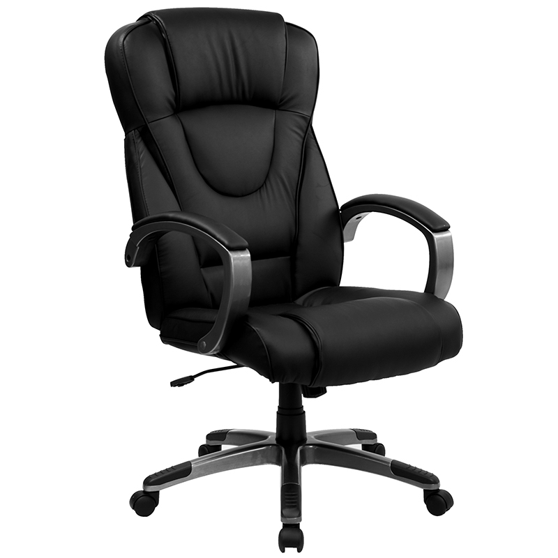 High Back Black LeatherSoftutive Swivel Office Chair With Titanium Nylon Base And Loop Arms BT-9069-BK-GG