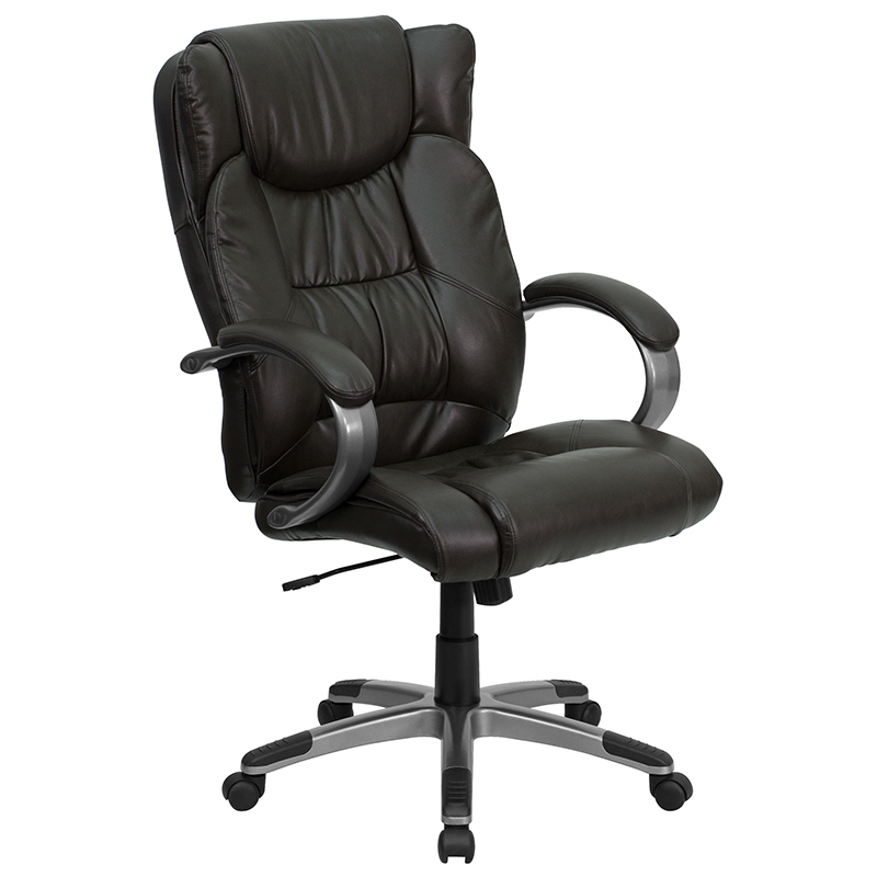 High Back Espresso Brown LeatherSoftutive Swivel Office Chair With Titanium Nylon Base And Loop Arms BT-9088-BRN-GG
