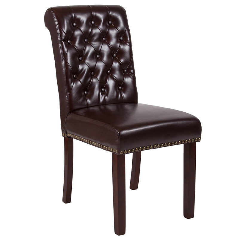 HERCULES Series Brown LeatherSoft Parsons Chair With Rolled Back, Accent Nail Trim And Walnut Finish BT-P-BRN-LEA-GG