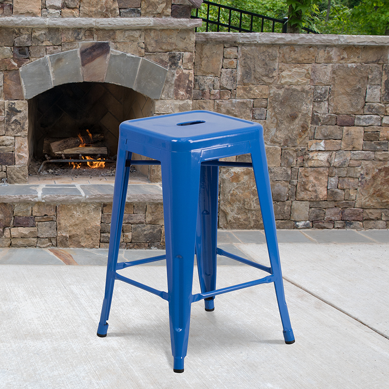 Commercial Grade 24 High Backless Blue Metal Indoor-Outdoor Counter Height Stool With Square Seat CH-31320-24-BL-GG
