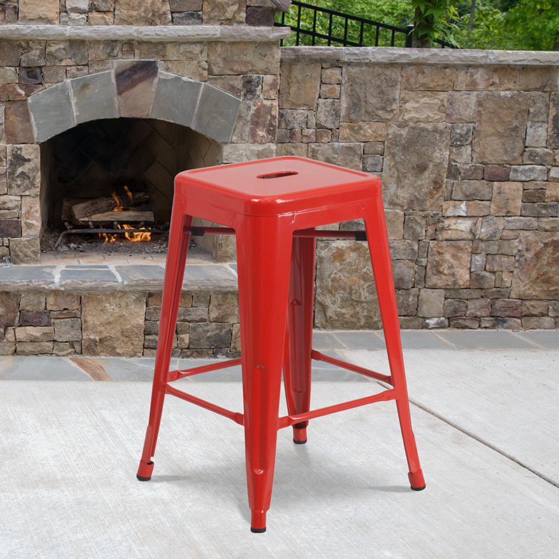 Commercial Grade 24 High Backless Red Metal Indoor-Outdoor Counter Height Stool With Square Seat CH-31320-24-RED-GG