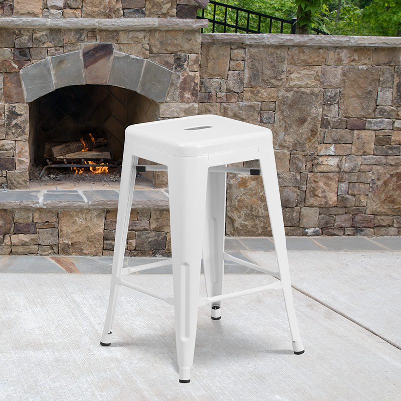 Commercial Grade 24 High Backless White Metal Indoor-Outdoor Counter Height Stool With Square Seat CH-31320-24-WH-GG