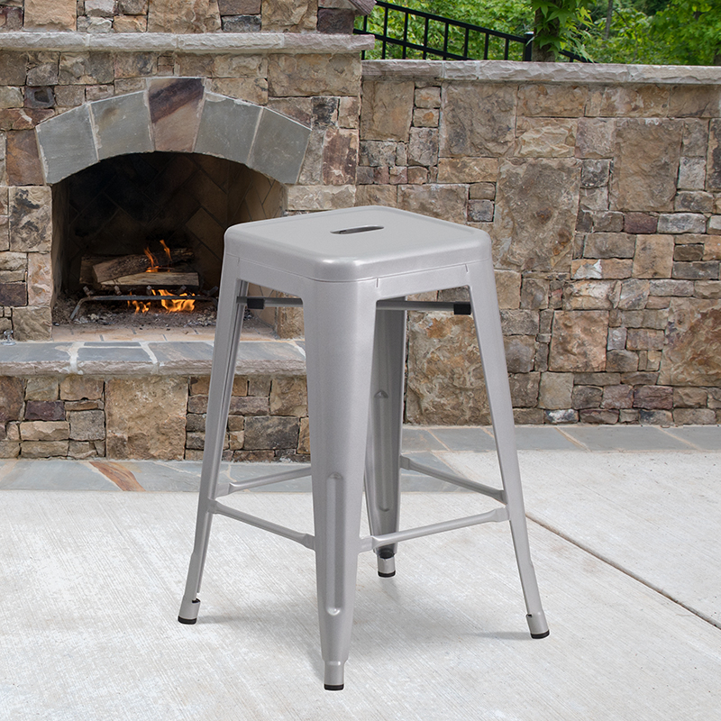 Commercial Grade 24 High Backless Silver Metal Indoor-Outdoor Counter Height Stool With Square Seat CH-31320-24-SIL-GG