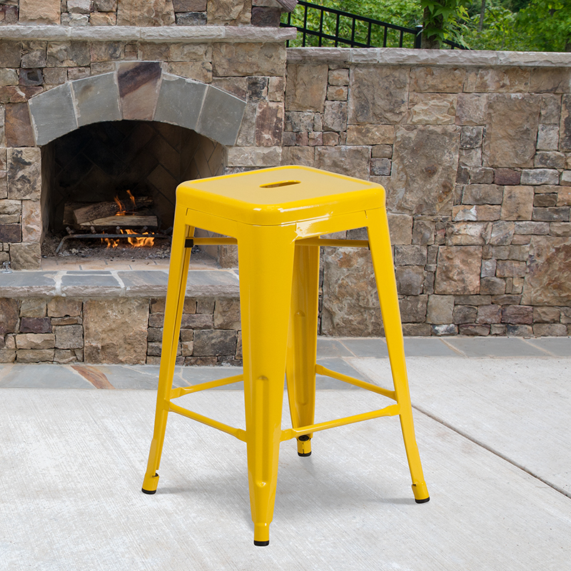 Commercial Grade 24 High Backless Yellow Metal Indoor-Outdoor Counter Height Stool With Square Seat CH-31320-24-YL-GG