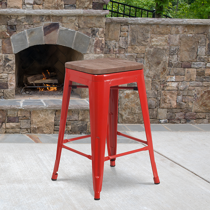24 High Backless Red Metal Counter Height Stool With Square Wood Seat CH-31320-24-RED-WD-GG