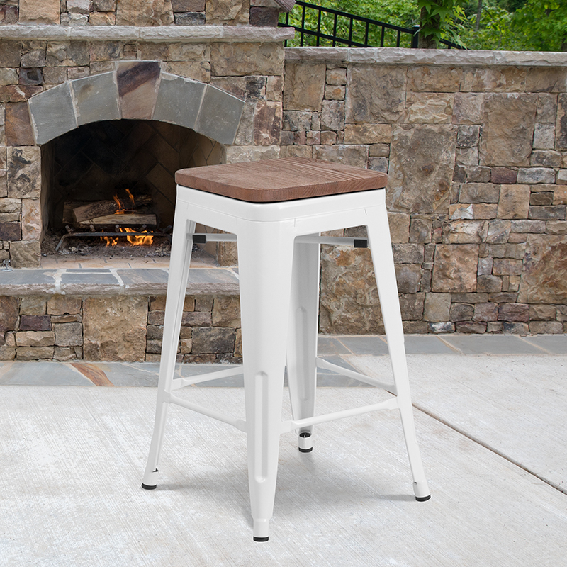 24 High Backless White Metal Counter Height Stool With Square Wood Seat CH-31320-24-WH-WD-GG