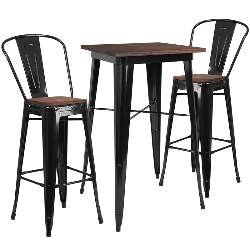 23.5 Square Black Metal Bar Table Set With Wood Top And 2 Stools CH-WD-TBCH-16-GG