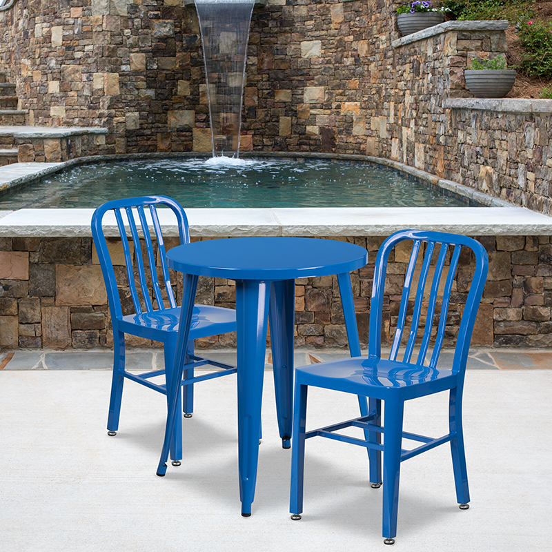 Commercial Grade 24 Round Blue Metal Indoor-Outdoor Table Set With 2 Vertical Slat Back Chairs CH-51080TH-2-18VRT-BL-GG