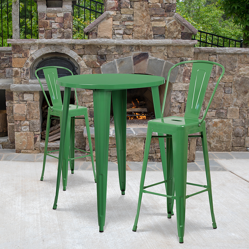 Commercial Grade 30 Round Green Metal Indoor-Outdoor Bar Table Set With 2 Cafe Stools CH-51090BH-2-30CAFE-GN-GG
