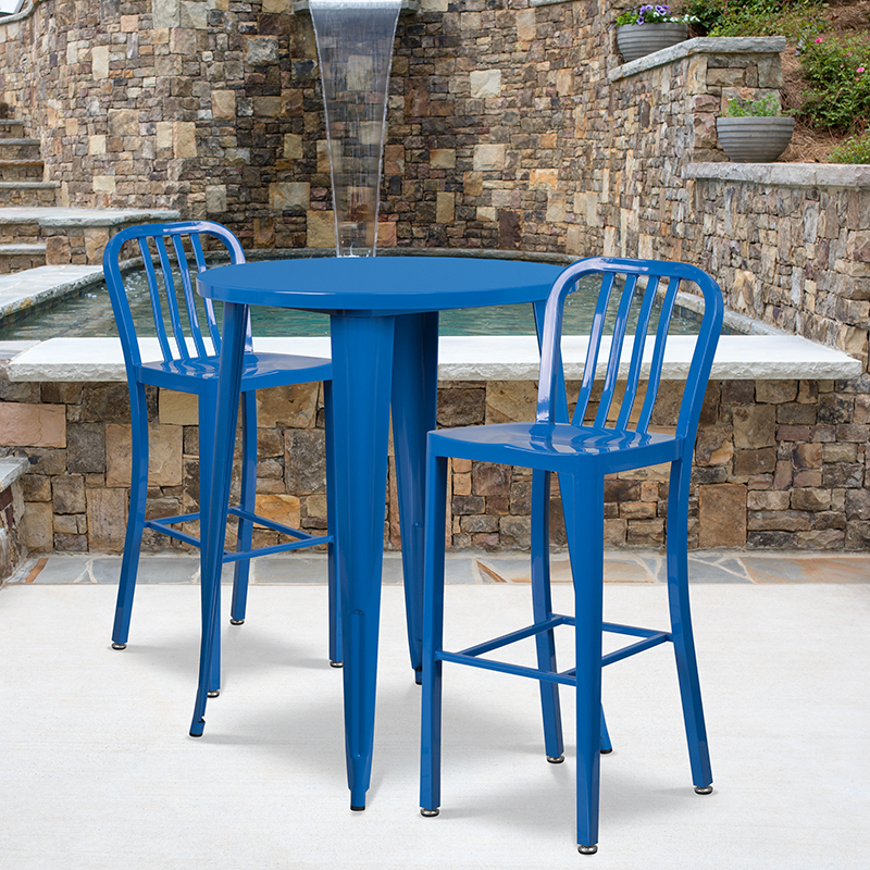 Commercial Grade 30 Round Blue Metal Indoor-Outdoor Bar Table Set With 2 Vertical Slat Back Stools CH-51090BH-2-30VRT-BL-GG