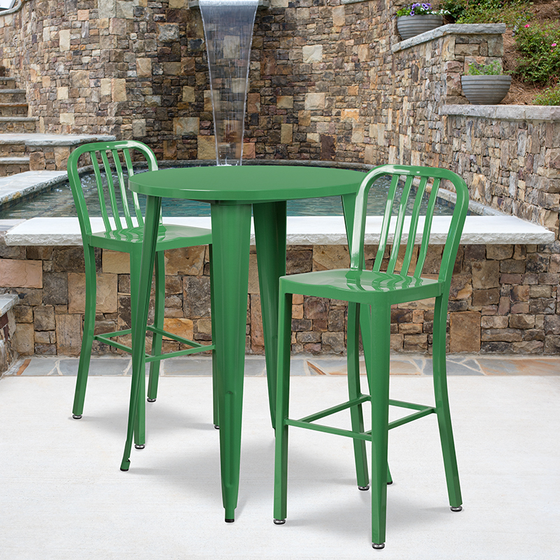 Commercial Grade 30 Round Green Metal Indoor-Outdoor Bar Table Set With 2 Vertical Slat Back Stools CH-51090BH-2-30VRT-GN-GG