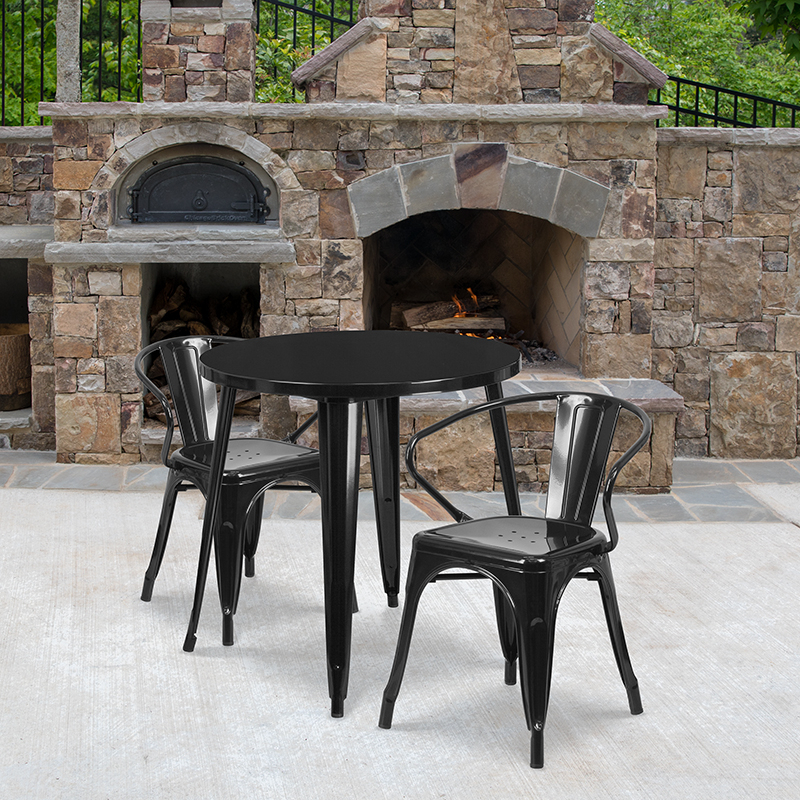 Commercial Grade 30 Round Black Metal Indoor-Outdoor Table Set With 2 Arm Chairs CH-51090TH-2-18ARM-BK-GG