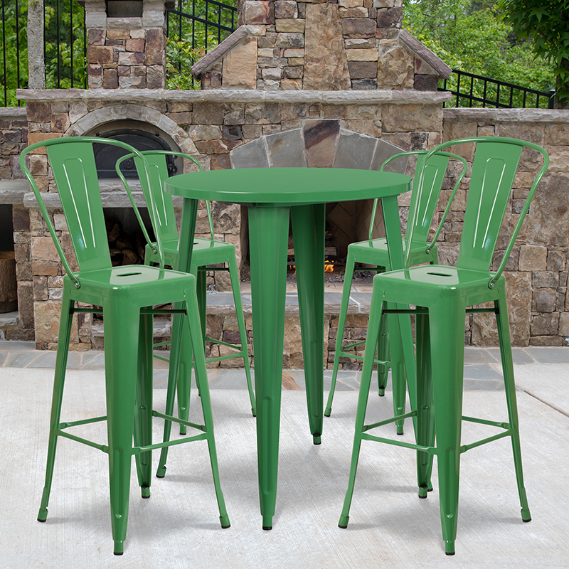 Commercial Grade 30 Round Green Metal Indoor-Outdoor Bar Table Set With 4 Cafe Stools CH-51090BH-4-30CAFE-GN-GG