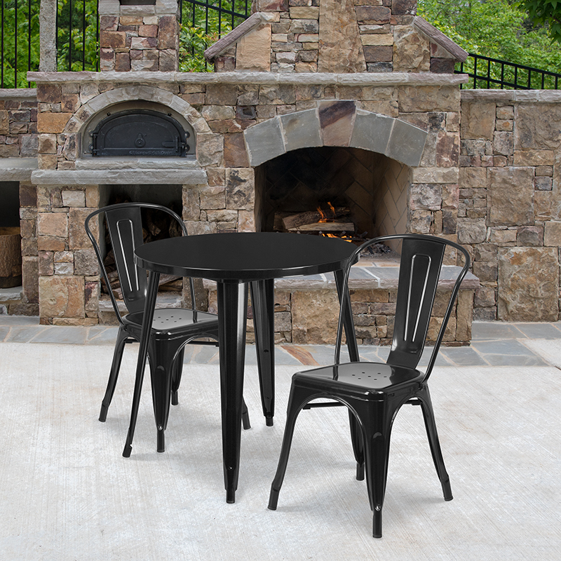 Commercial Grade 30 Round Black Metal Indoor-Outdoor Table Set With 2 Cafe Chairs CH-51090TH-2-18CAFE-BK-GG