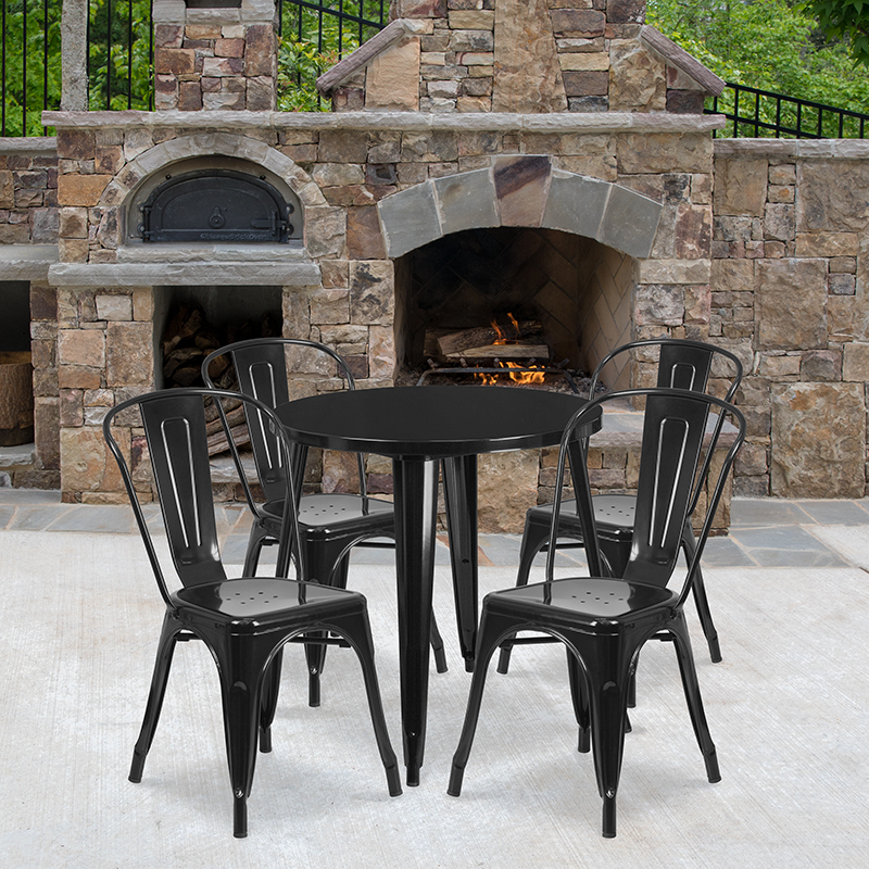 Commercial Grade 30 Round Black Metal Indoor-Outdoor Table Set With 4 Cafe Chairs CH-51090TH-4-18CAFE-BK-GG