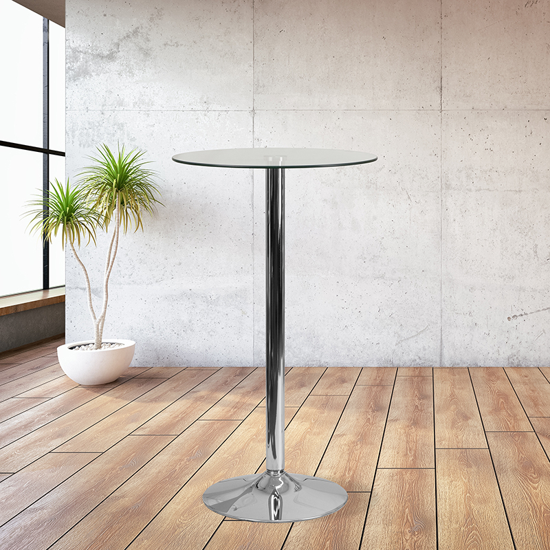 23.5 Round Glass Table With 35.5H Chrome Base CH-6-GG