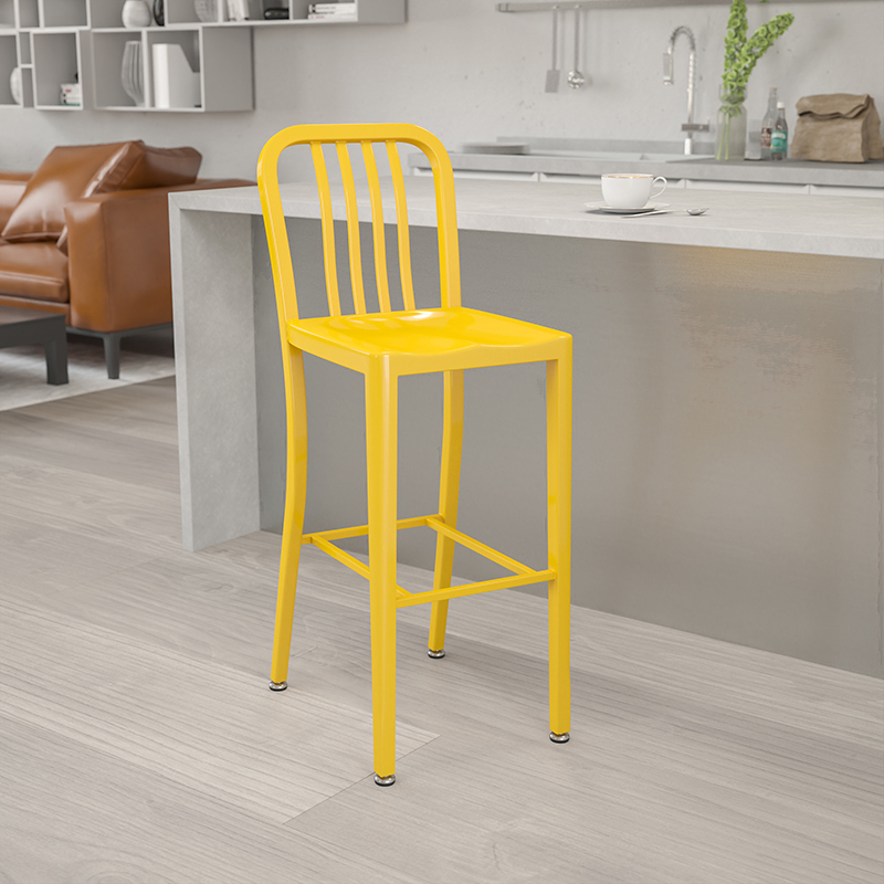 Commercial Grade 30 High Yellow Metal Indoor-Outdoor Barstool With Vertical Slat Back CH-61200-30-YL-GG