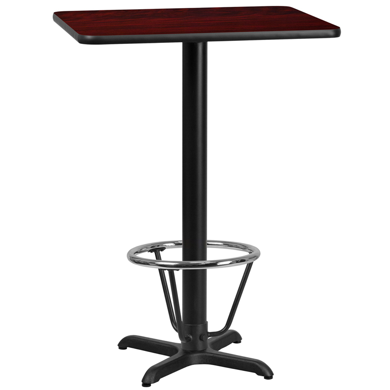24 X 30 Rectangular Mahogany Laminate Table Top With 22 X 22 Bar Height Table Base And Foot Ring XU-MAHTB-2430-T2222B-3CFR-GG