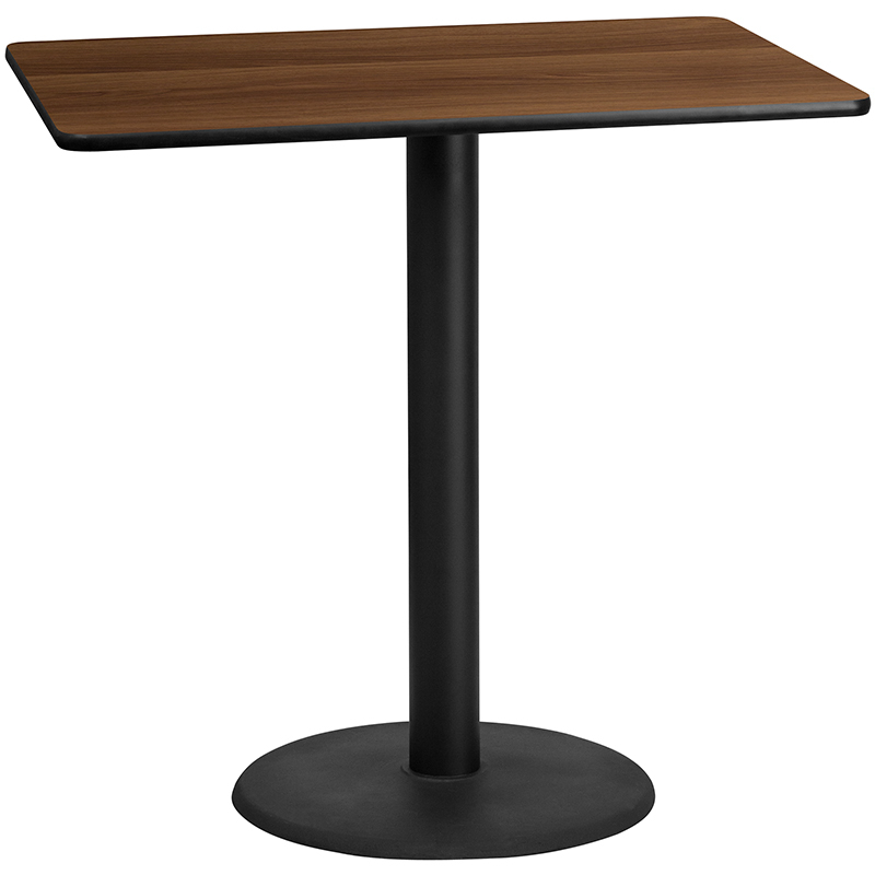 30 X 48 Rectangular Walnut Laminate Table Top With 24 Round Bar Height Table Base XU-WALTB-3048-TR24B-GG
