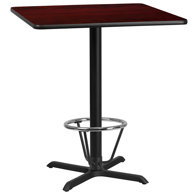 36 Square Mahogany Laminate Table Top With 30 X 30 Bar Height Table Base And Foot Ring XU-MAHTB-3636-T3030B-3CFR-GG