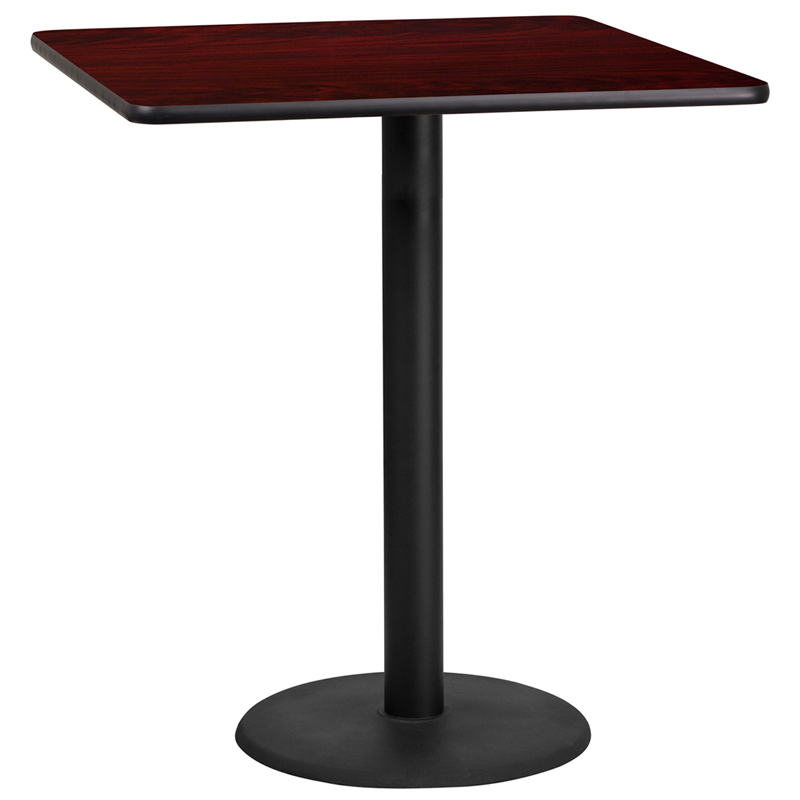 36 Square Mahogany Laminate Table Top With 24 Round Bar Height Table Base XU-MAHTB-3636-TR24B-GG